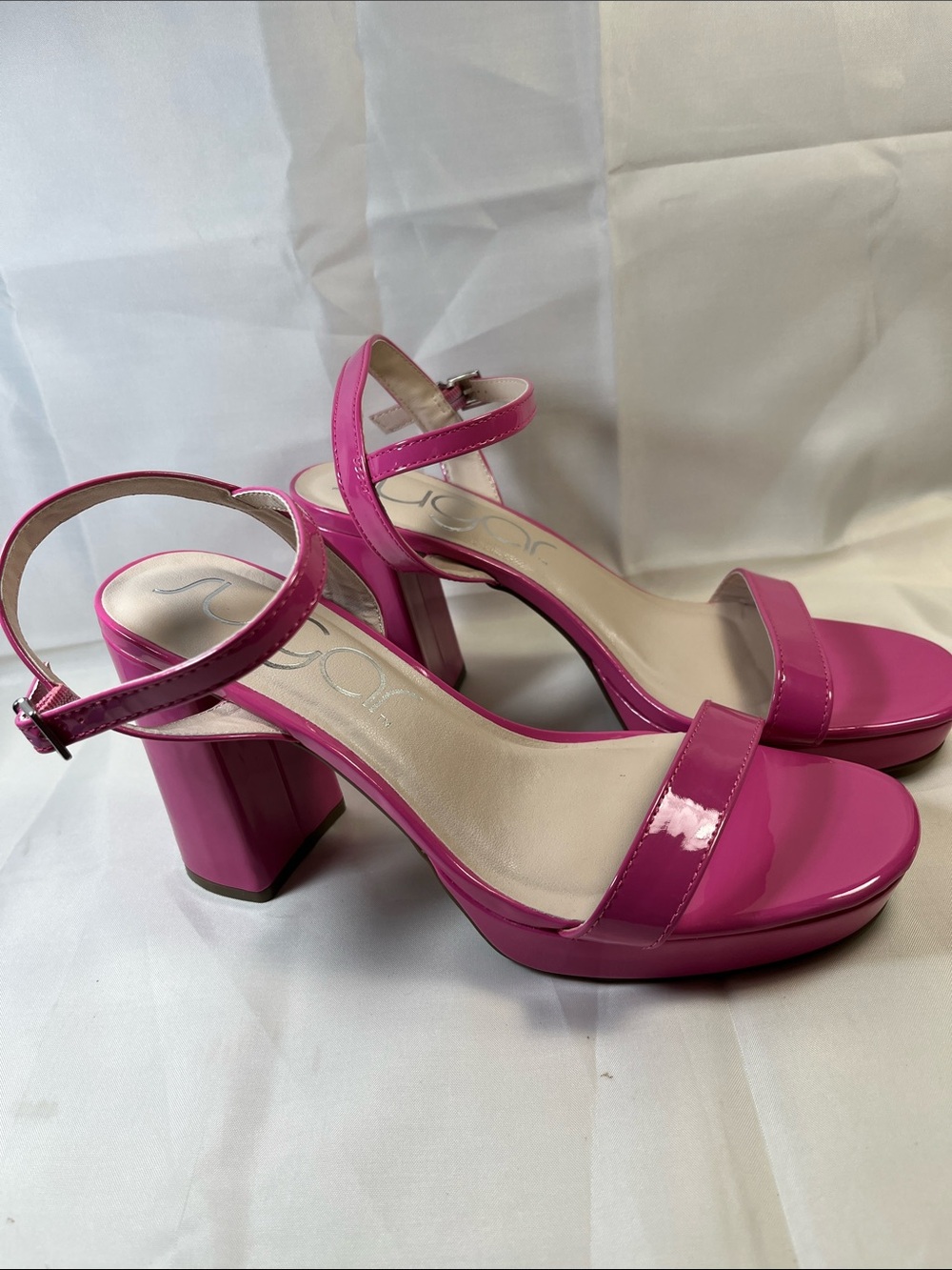 Sugar Patent Pink Block Heel Sandals with Ankle Strap